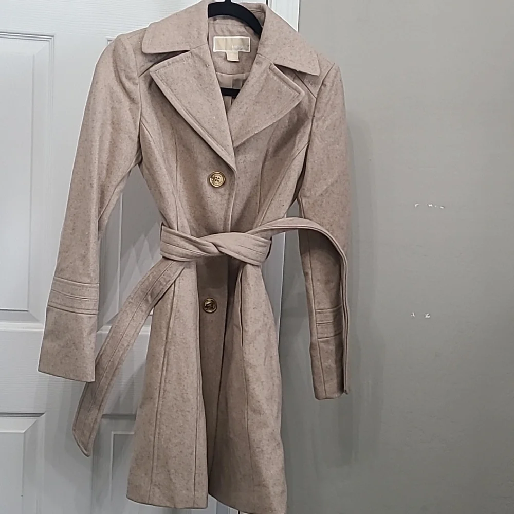 Michael Kors Women Coat XS Tan Gold‎ Buttons Wool Blend Pea Coat Blazer Jacket